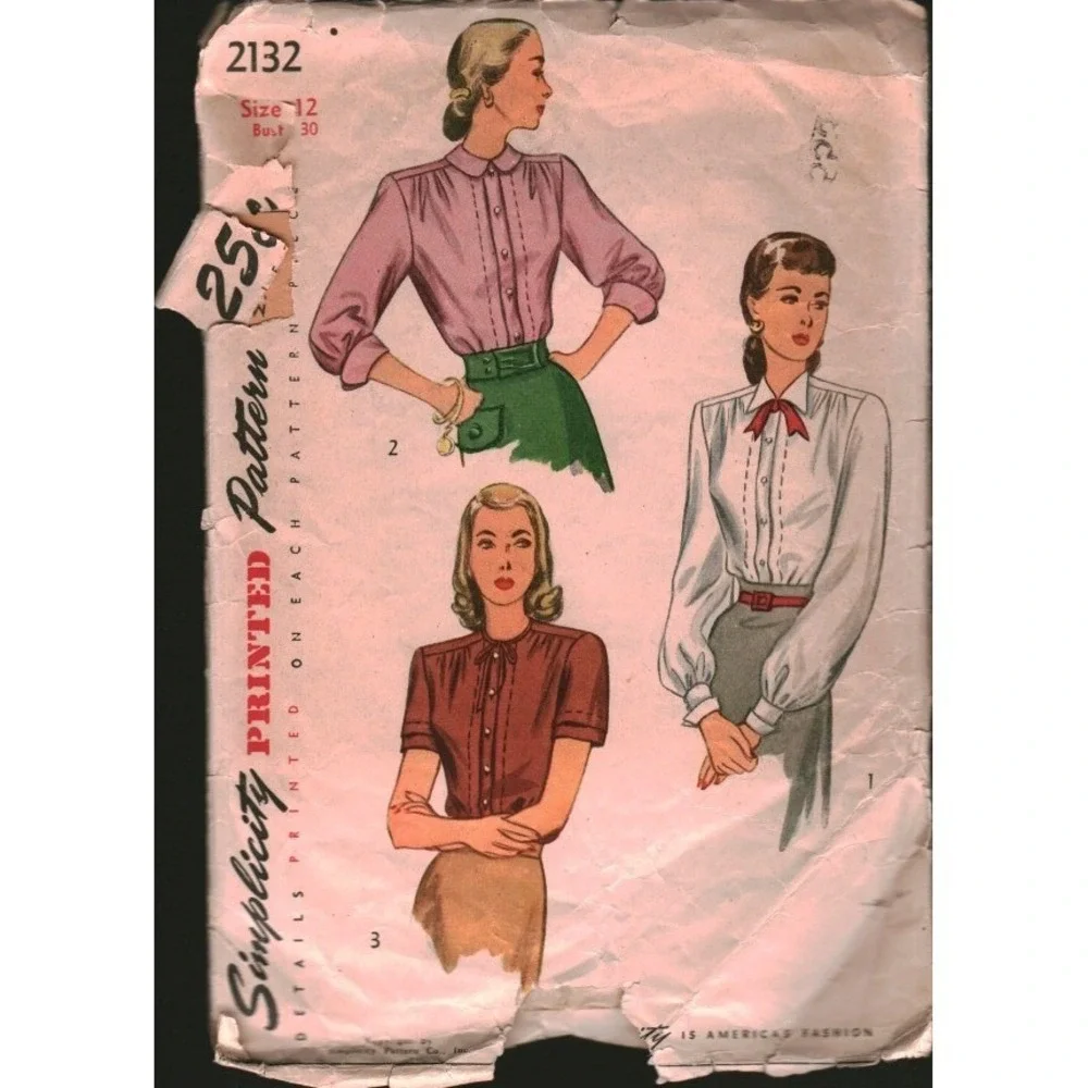 Vintage Simplicity 2132 Sewing Pattern 1940s Misses Blouse Bust 30 Size 12 Retro